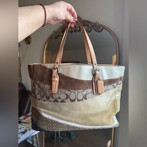Coach Vintage Wave Patchwork Suede Leather Tote Bag Tan and Brown